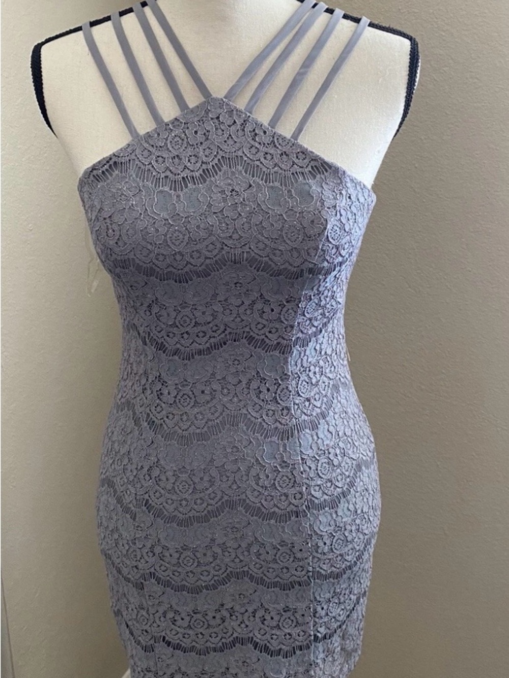 Speechless Lavender Gray Lace Strappy Mini Dress